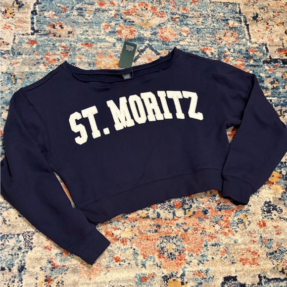 NWT Wild Fable St. Moritz Navy Off-Shoulder Sweatshirt Alpine Apres Ski Mtn New - Picture 2 of 15